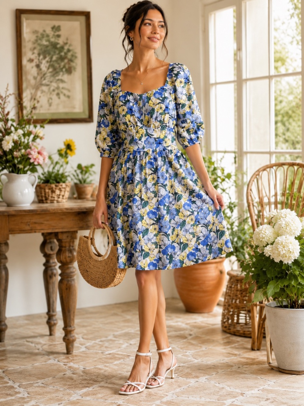 Cato NEW Floral Cotton Balloon Sleeves Empire Dress Size 12